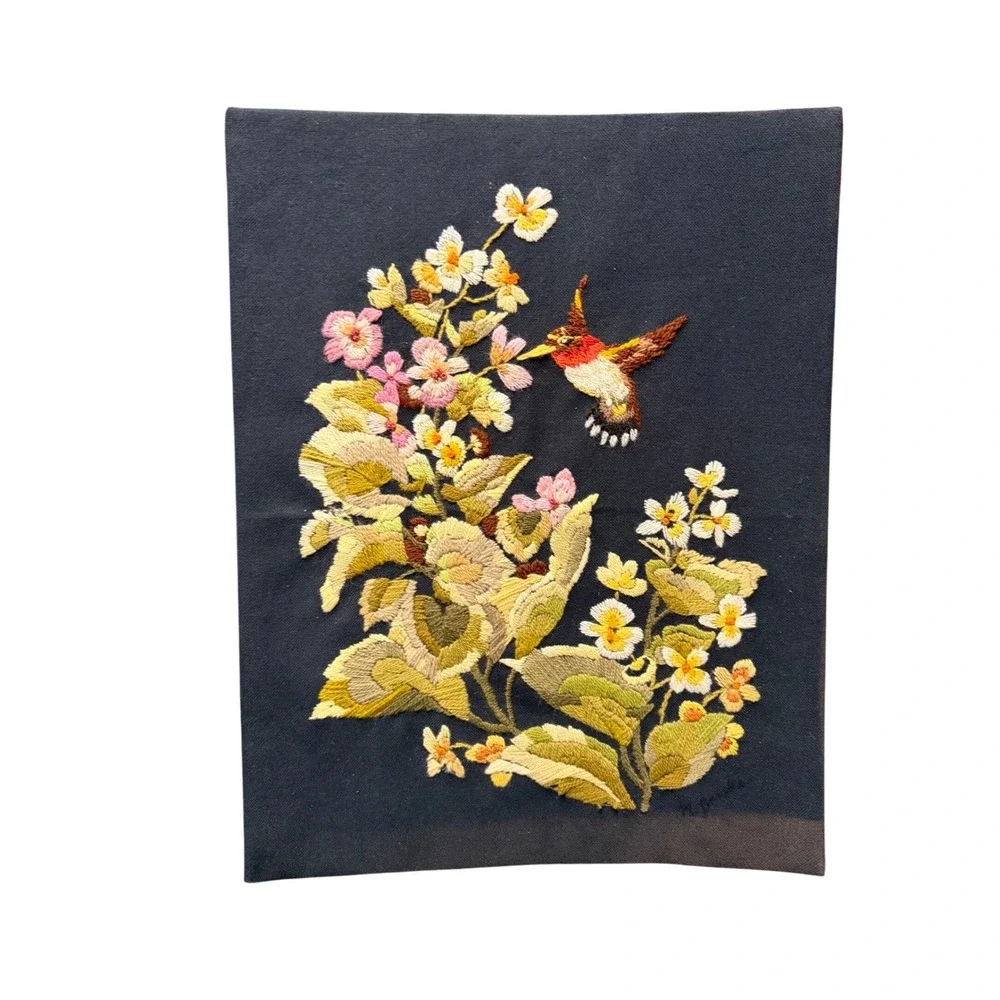 Vintage Crewel Embroidery Hummingbird Floral Wall Art Hand Stitched Textile